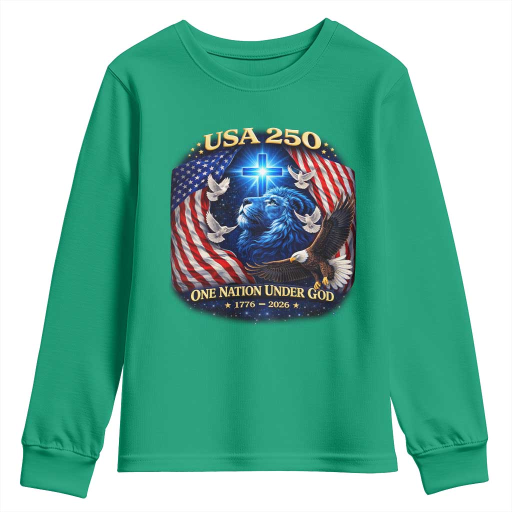 US 250th Anniversary Youth Sweatshirt 250 Years One Nation Under God Christian Patriotic Cross USA Flag