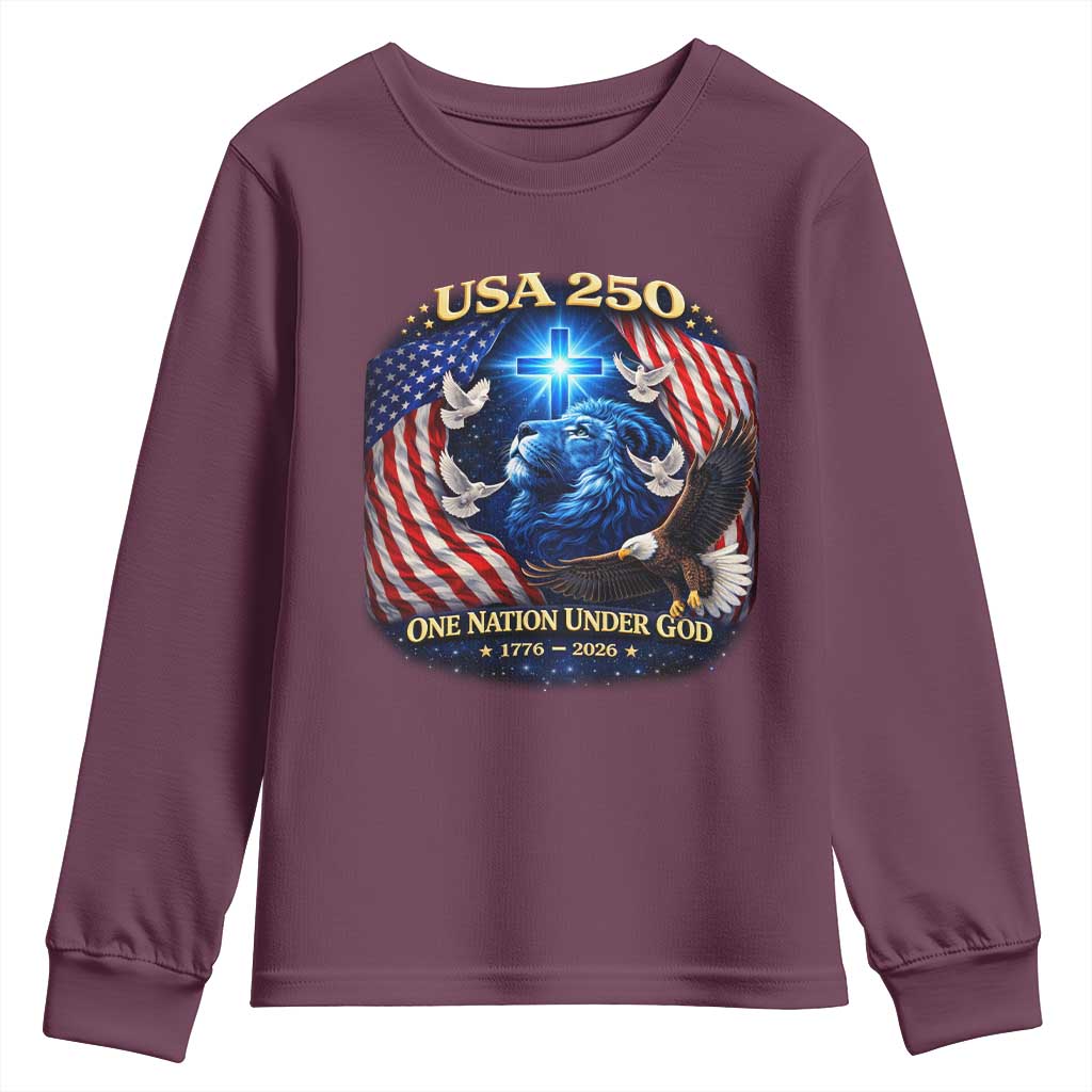 US 250th Anniversary Youth Sweatshirt 250 Years One Nation Under God Christian Patriotic Cross USA Flag
