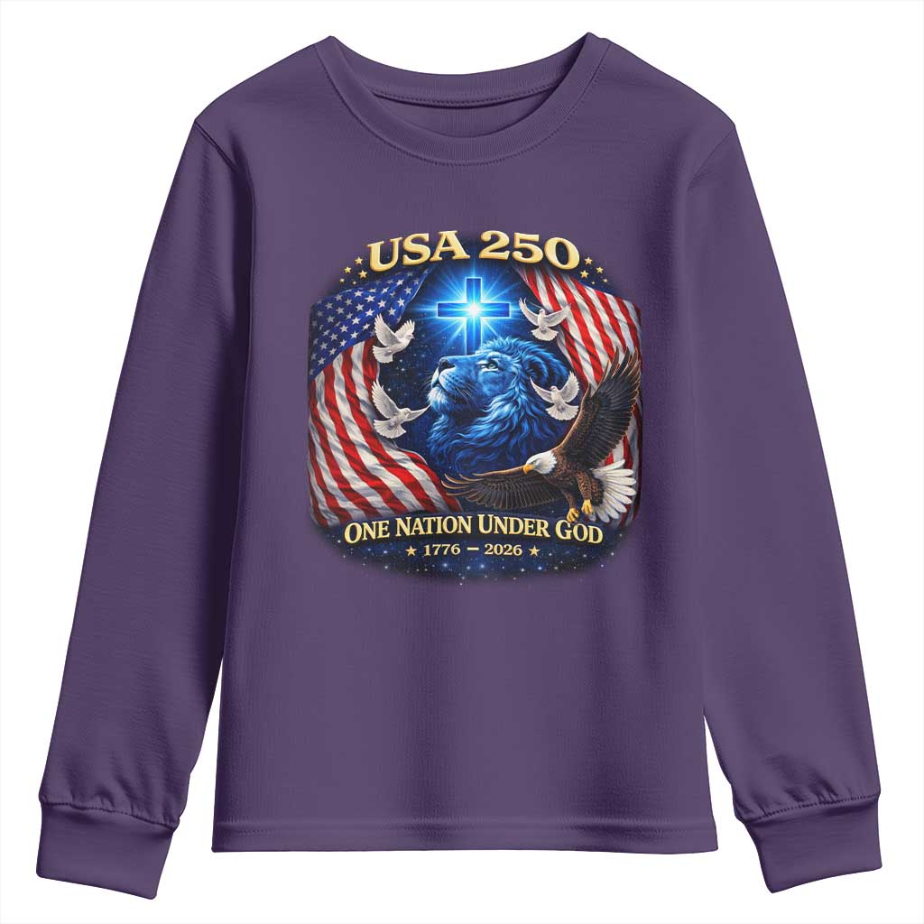US 250th Anniversary Youth Sweatshirt 250 Years One Nation Under God Christian Patriotic Cross USA Flag