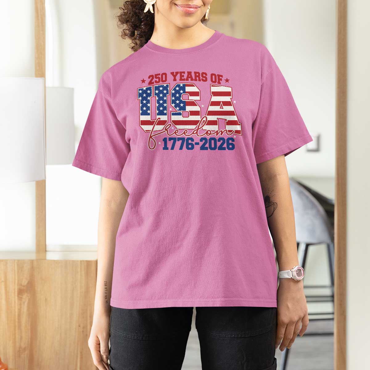 USA 250 Years Of Freedom T Shirt For Women USA Independence 250th Anniversary 1776 2026 Patriotic Flag