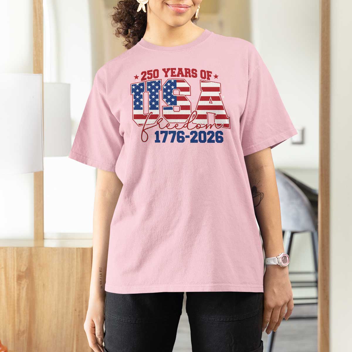 USA 250 Years Of Freedom T Shirt For Women USA Independence 250th Anniversary 1776 2026 Patriotic Flag