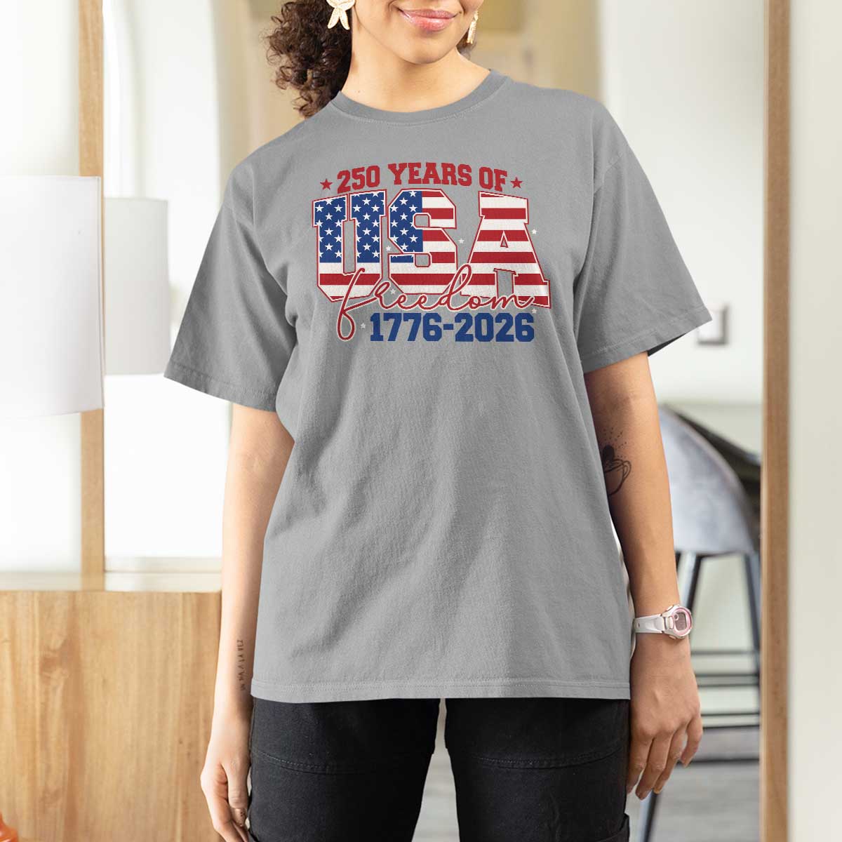 USA 250 Years Of Freedom T Shirt For Women USA Independence 250th Anniversary 1776 2026 Patriotic Flag