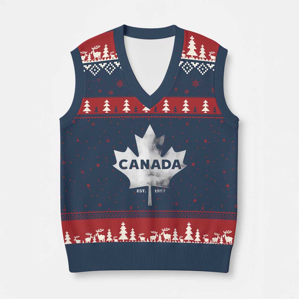 Canada Flag V-Neck Knit Sweater Vest Canadian Maple Leaf Vintage Retro Sport - Wonder Print Shop