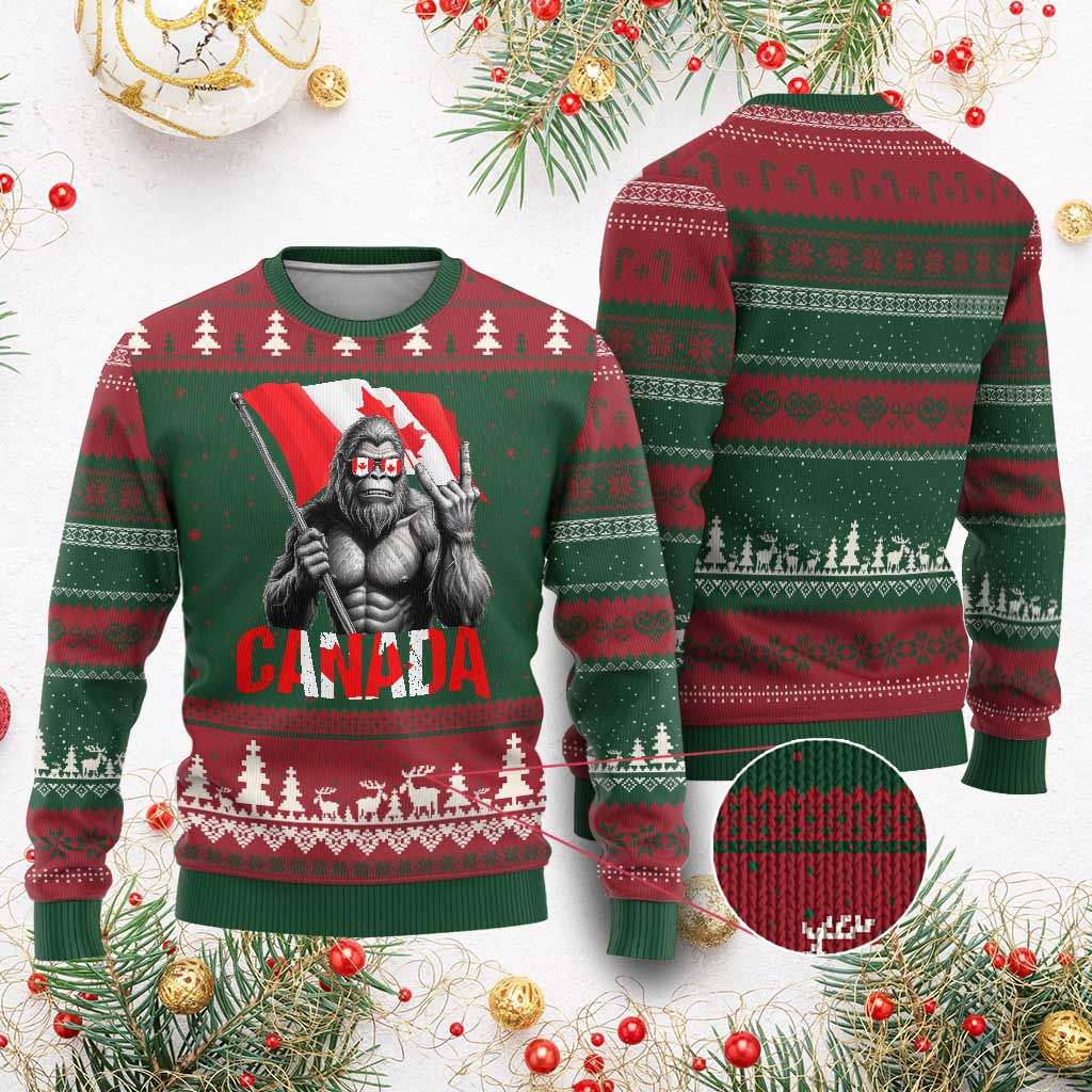 Bigfoot Canada Flag Ugly Christmas Sweater Canadian Maple Leaf Patriotic Sasquatch