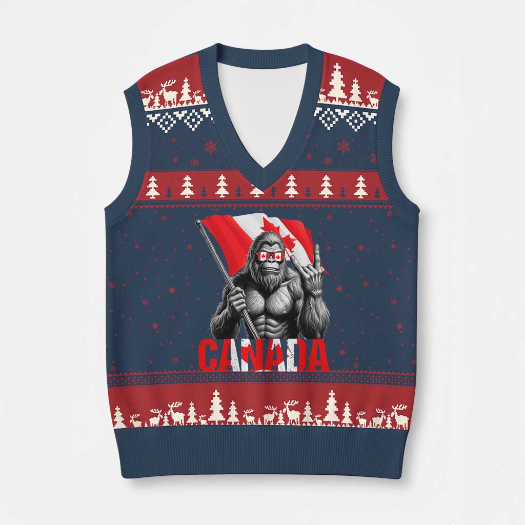 Bigfoot Canada Flag V-Neck Knit Sweater Vest Canadian Maple Leaf Patriotic Sasquatch
