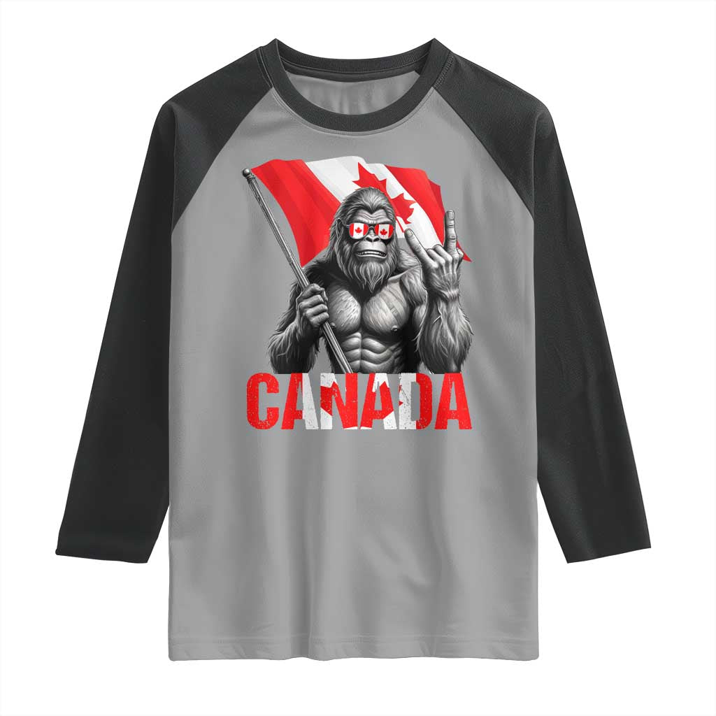 Bigfoot Canada Flag Raglan Shirt Canadian Maple Leaf Patriotic Sasquatch