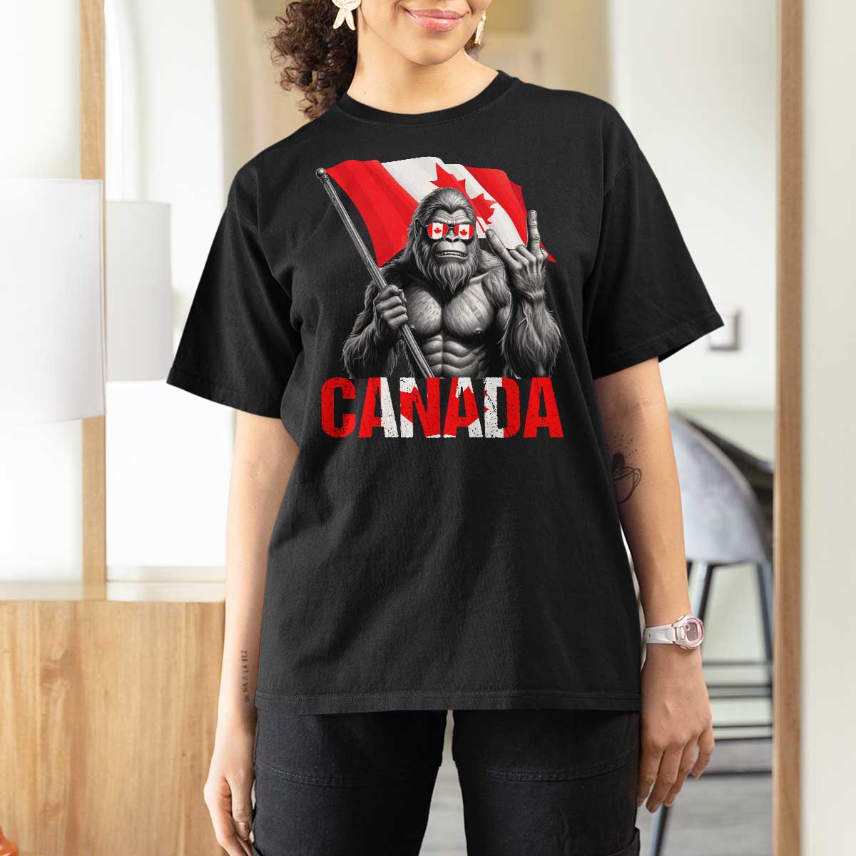 Bigfoot Canada Flag T Shirt For Women Canadian Maple Leaf Patriotic Sasquatch