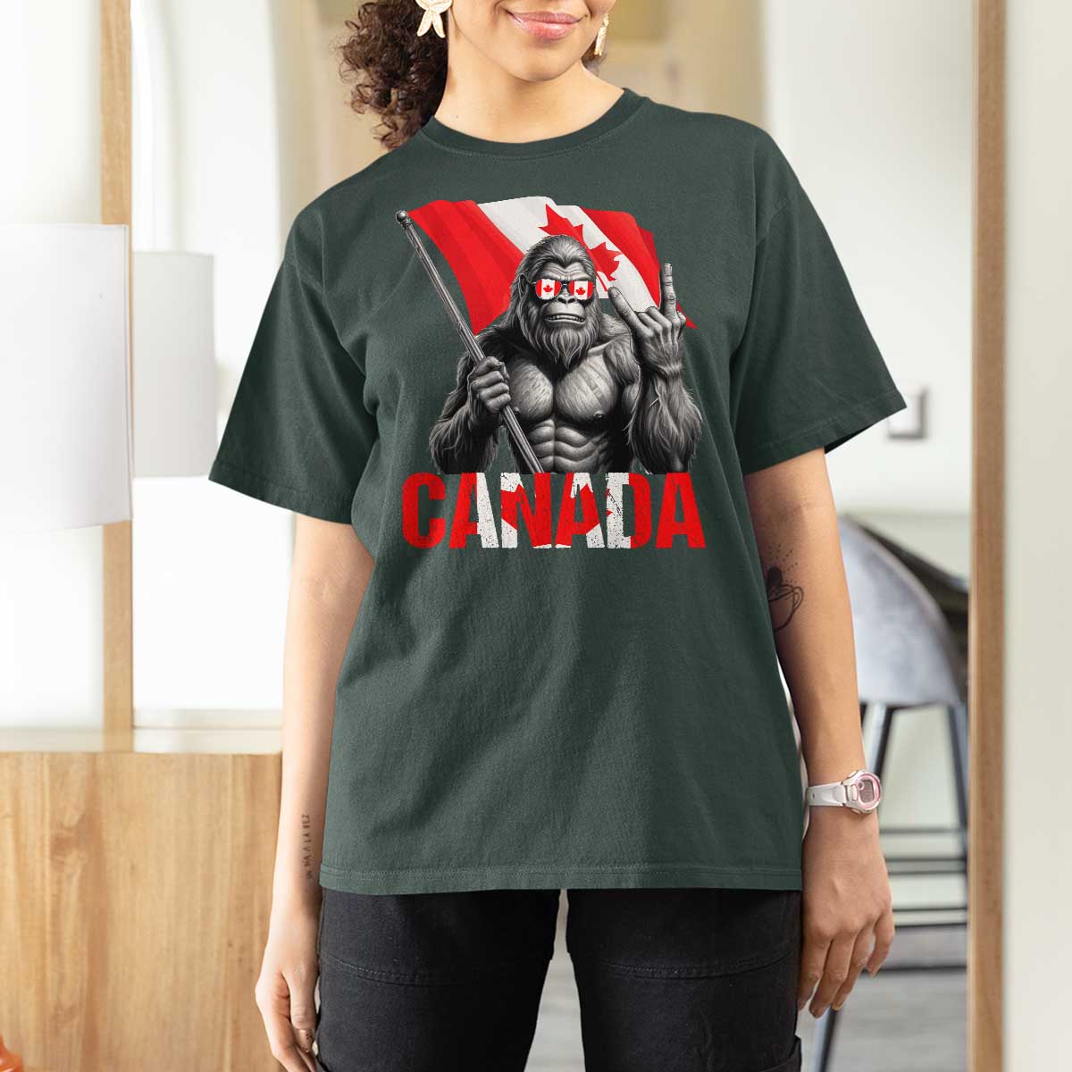Bigfoot Canada Flag T Shirt For Women Canadian Maple Leaf Patriotic Sasquatch
