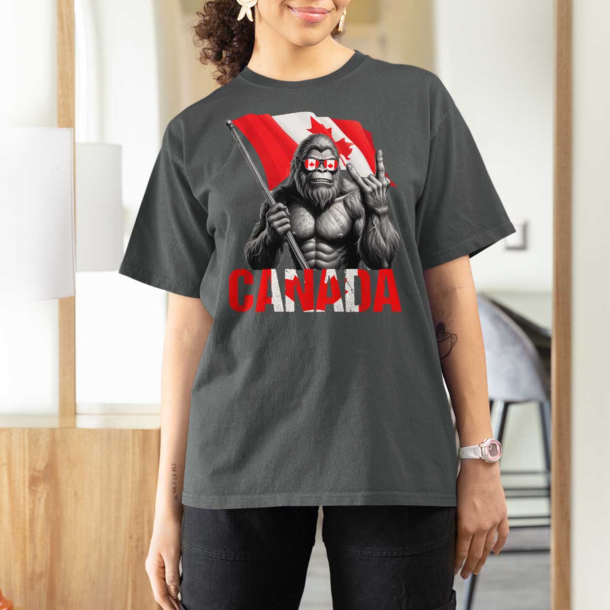 Bigfoot Canada Flag T Shirt For Women Canadian Maple Leaf Patriotic Sasquatch