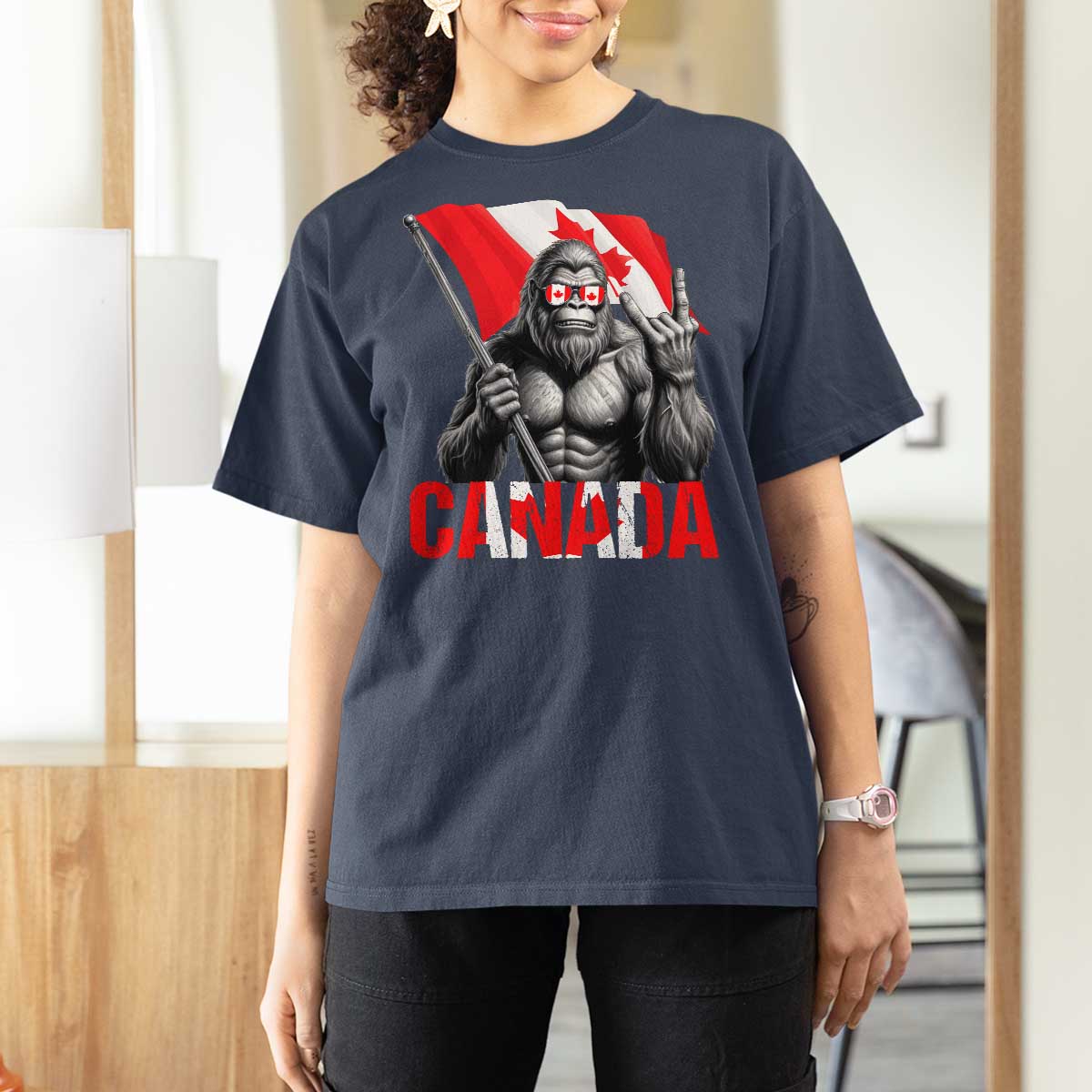 Bigfoot Canada Flag T Shirt For Women Canadian Maple Leaf Patriotic Sasquatch