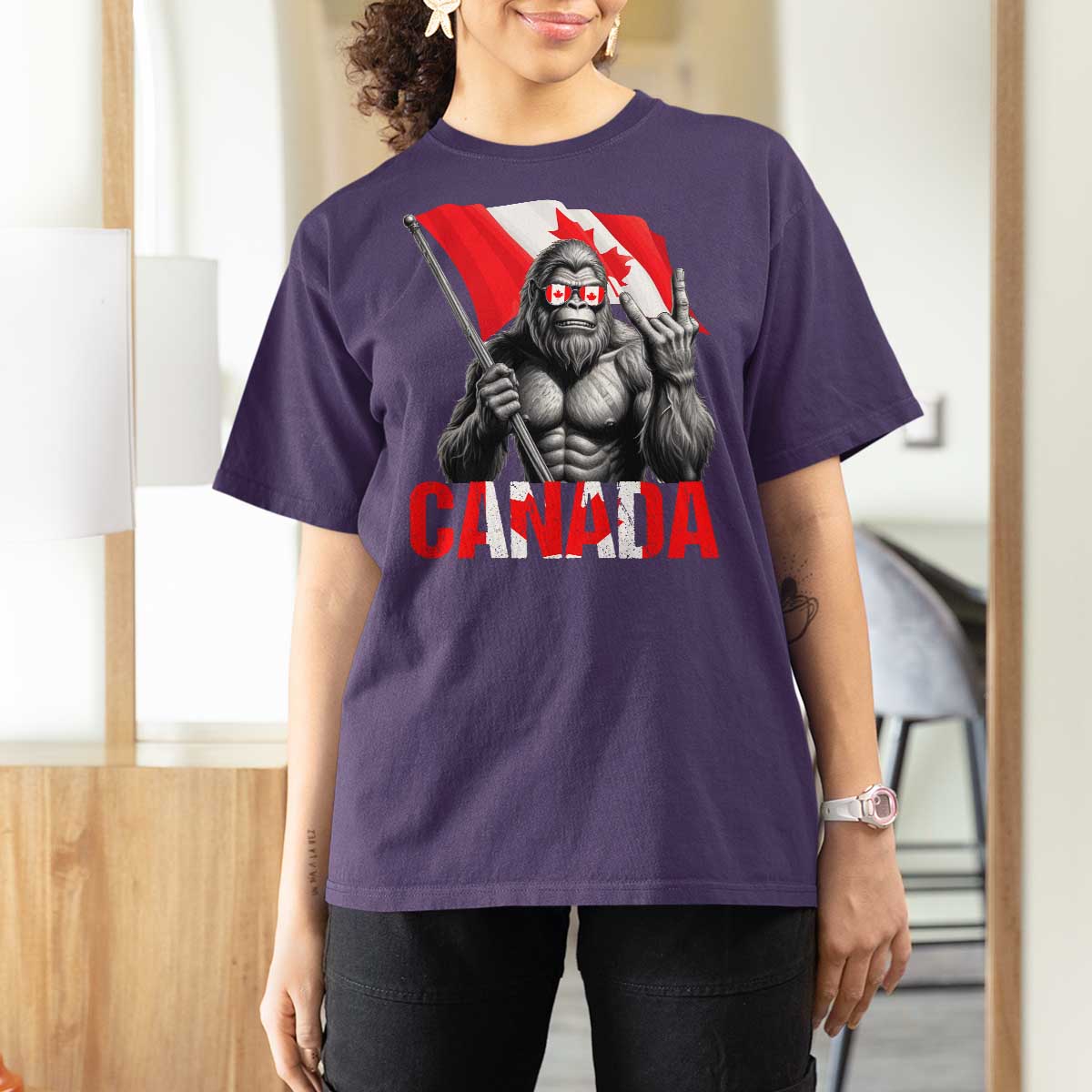 Bigfoot Canada Flag T Shirt For Women Canadian Maple Leaf Patriotic Sasquatch