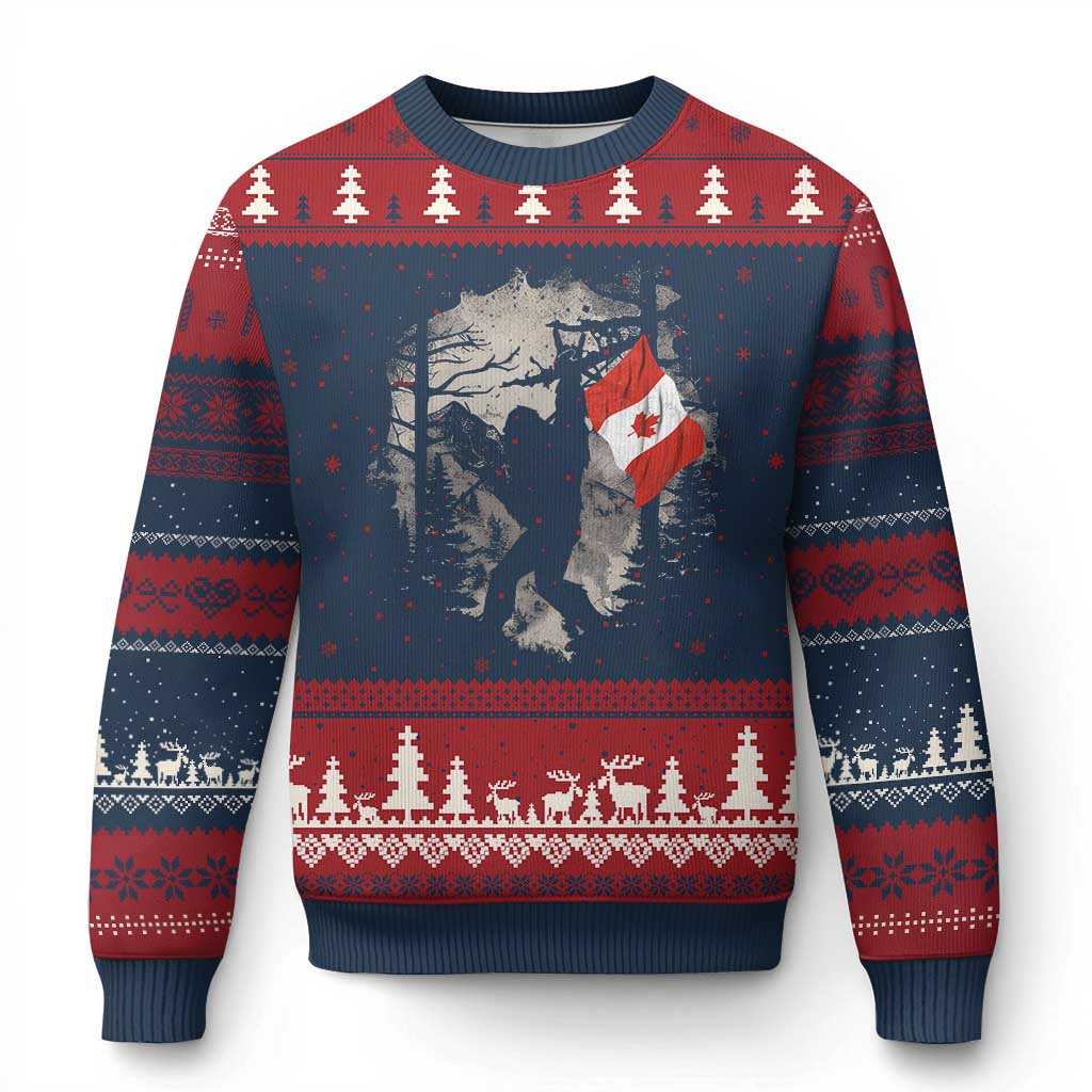 Bigfoot Canada Flag Ugly Christmas Sweater Retro Sasquatch Forest Rock On