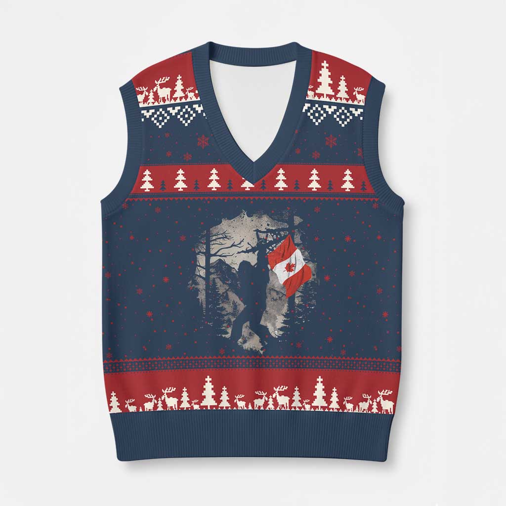 Bigfoot Canada Flag V-Neck Knit Sweater Vest Retro Sasquatch Forest Rock On