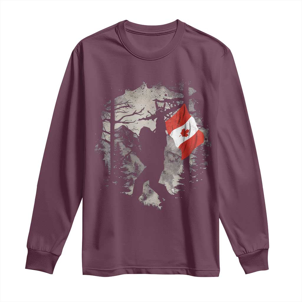 Bigfoot Canada Flag Long Sleeve Shirt Retro Sasquatch Forest Rock On