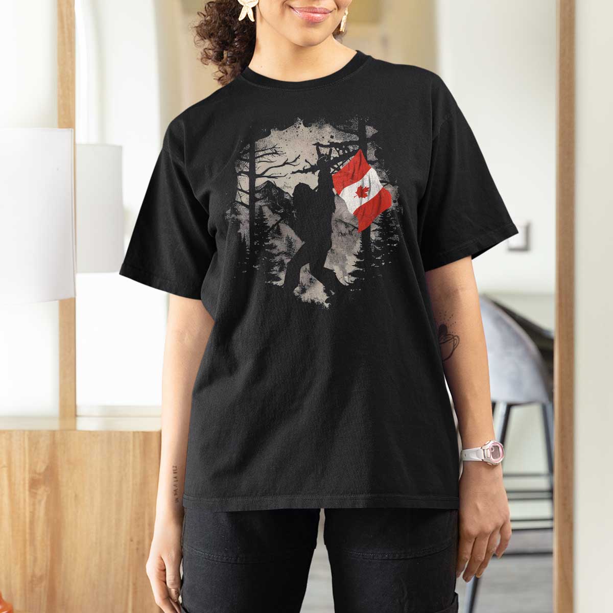 Bigfoot Canada Flag T Shirt For Women Retro Sasquatch Forest Rock On