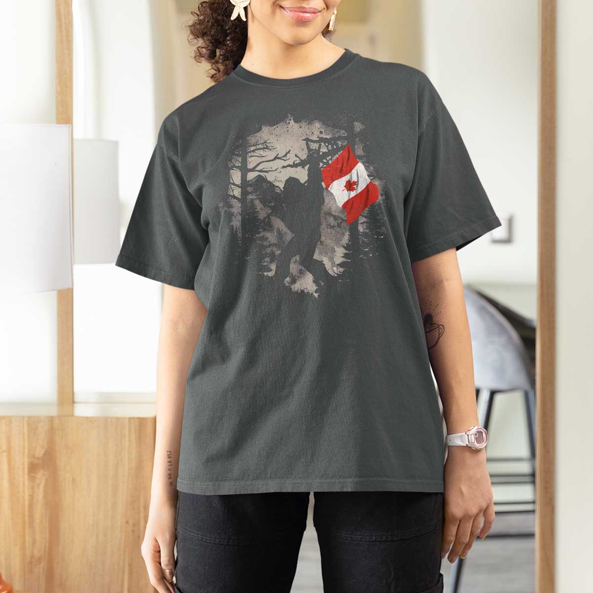 Bigfoot Canada Flag T Shirt For Women Retro Sasquatch Forest Rock On