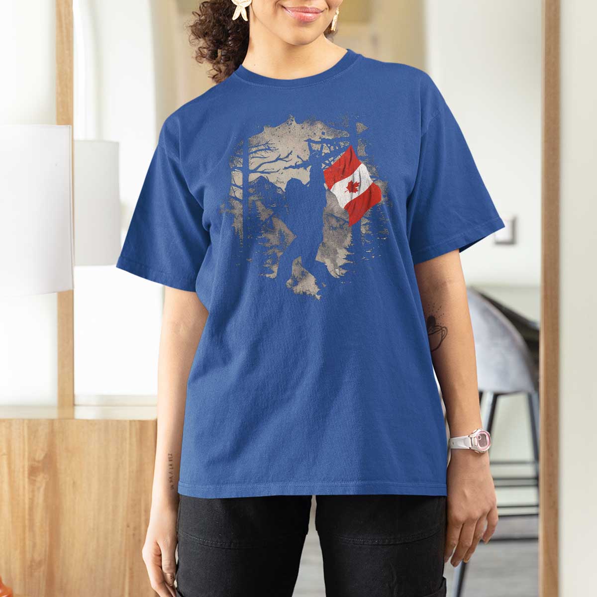 Bigfoot Canada Flag T Shirt For Women Retro Sasquatch Forest Rock On