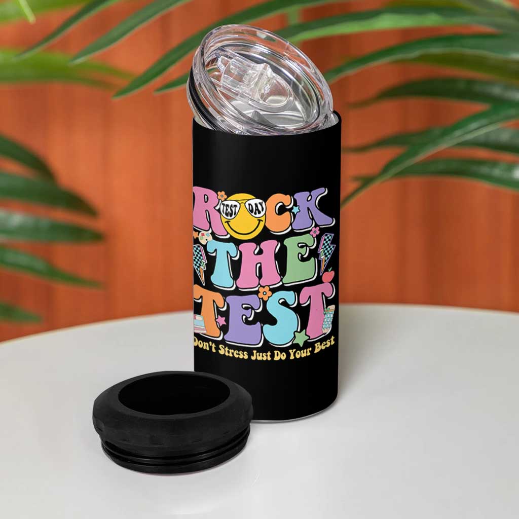 Teacher Test Day 4 in 1 Can Cooler Tumbler Rock The Test Dont Stress Just Do Your Best Cute Groovy