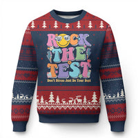 Teacher Test Day Ugly Christmas Sweater Rock The Test Dont Stress Just Do Your Best Cute Groovy