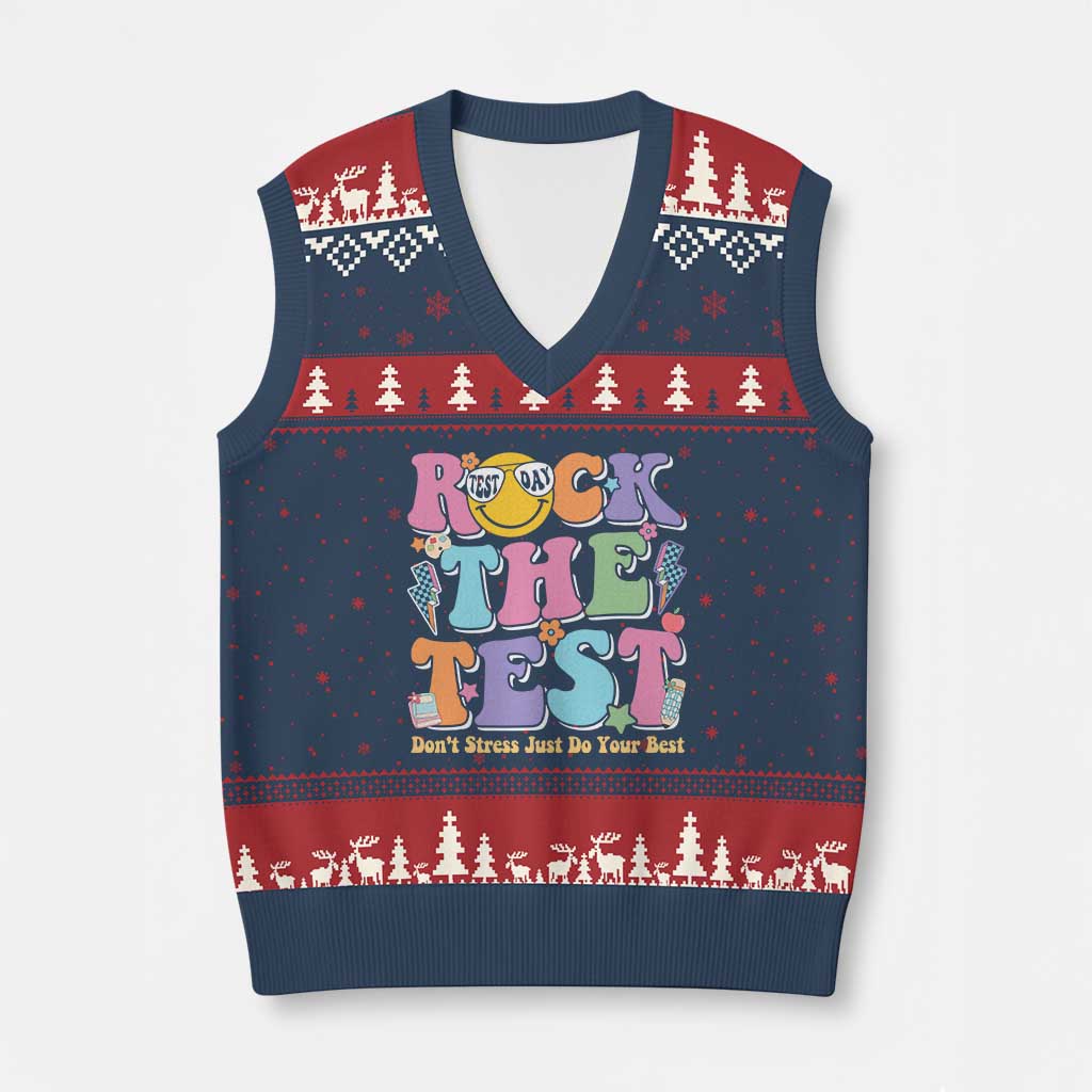 Teacher Test Day V-Neck Knit Sweater Vest Rock The Test Dont Stress Just Do Your Best Cute Groovy