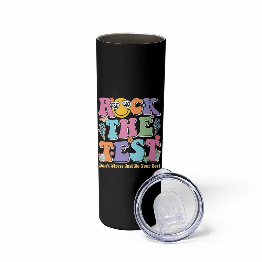 Teacher Test Day Skinny Tumbler Rock The Test Dont Stress Just Do Your Best Cute Groovy