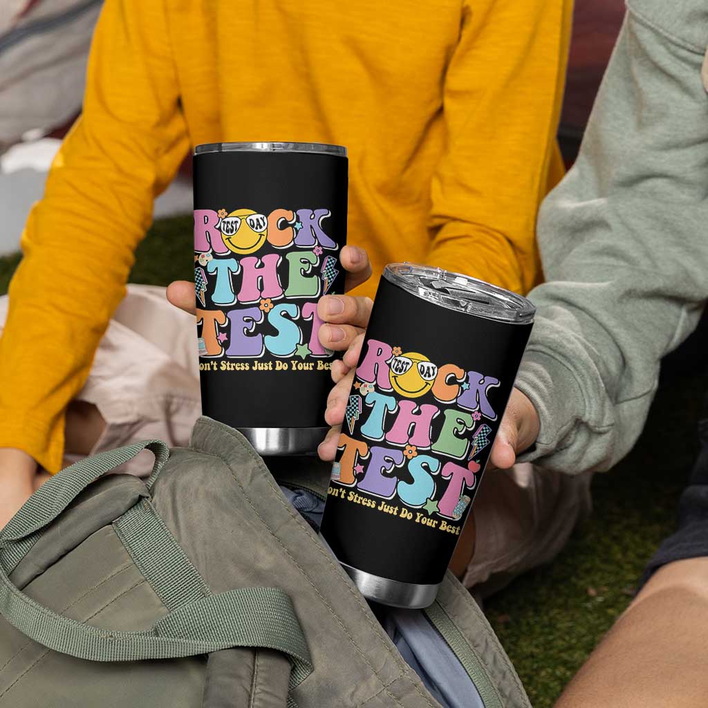 Teacher Test Day Tumbler Cup Rock The Test Dont Stress Just Do Your Best Cute Groovy