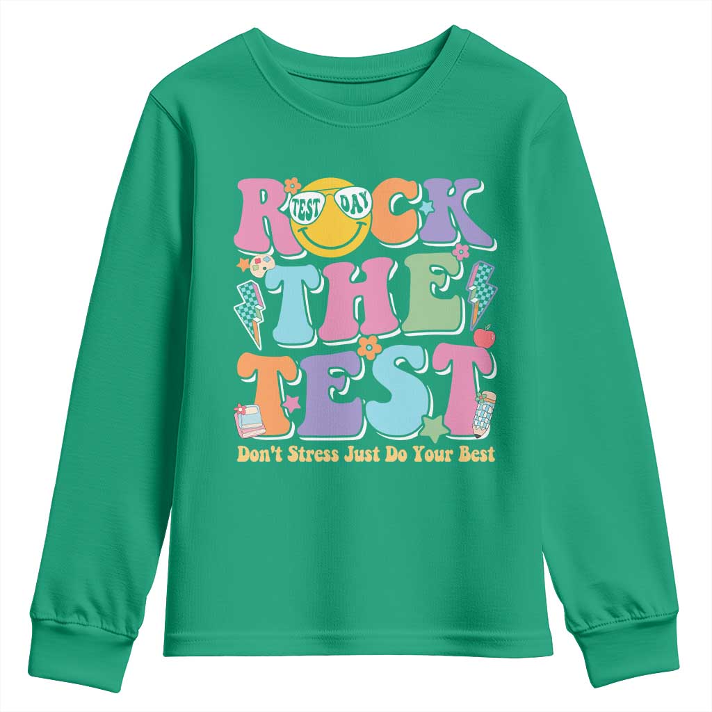 Teacher Test Day Youth Sweatshirt Rock The Test Dont Stress Just Do Your Best Cute Groovy