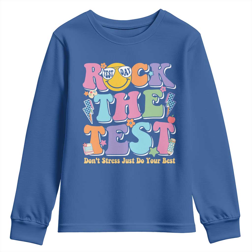 Teacher Test Day Youth Sweatshirt Rock The Test Dont Stress Just Do Your Best Cute Groovy