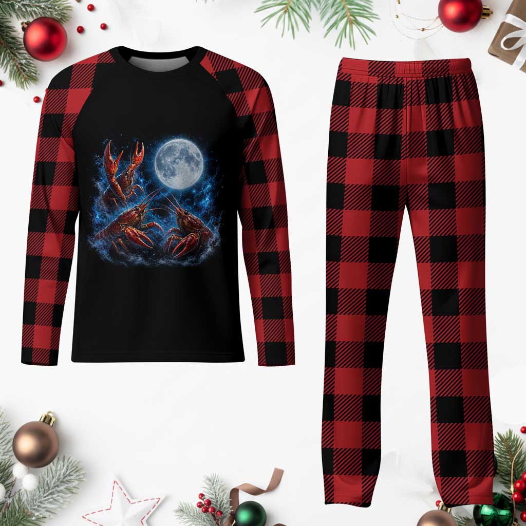Three Crawfish Moon Plaid Pajama Set Lobster Howling To The Moon Vintage Moon Animals
