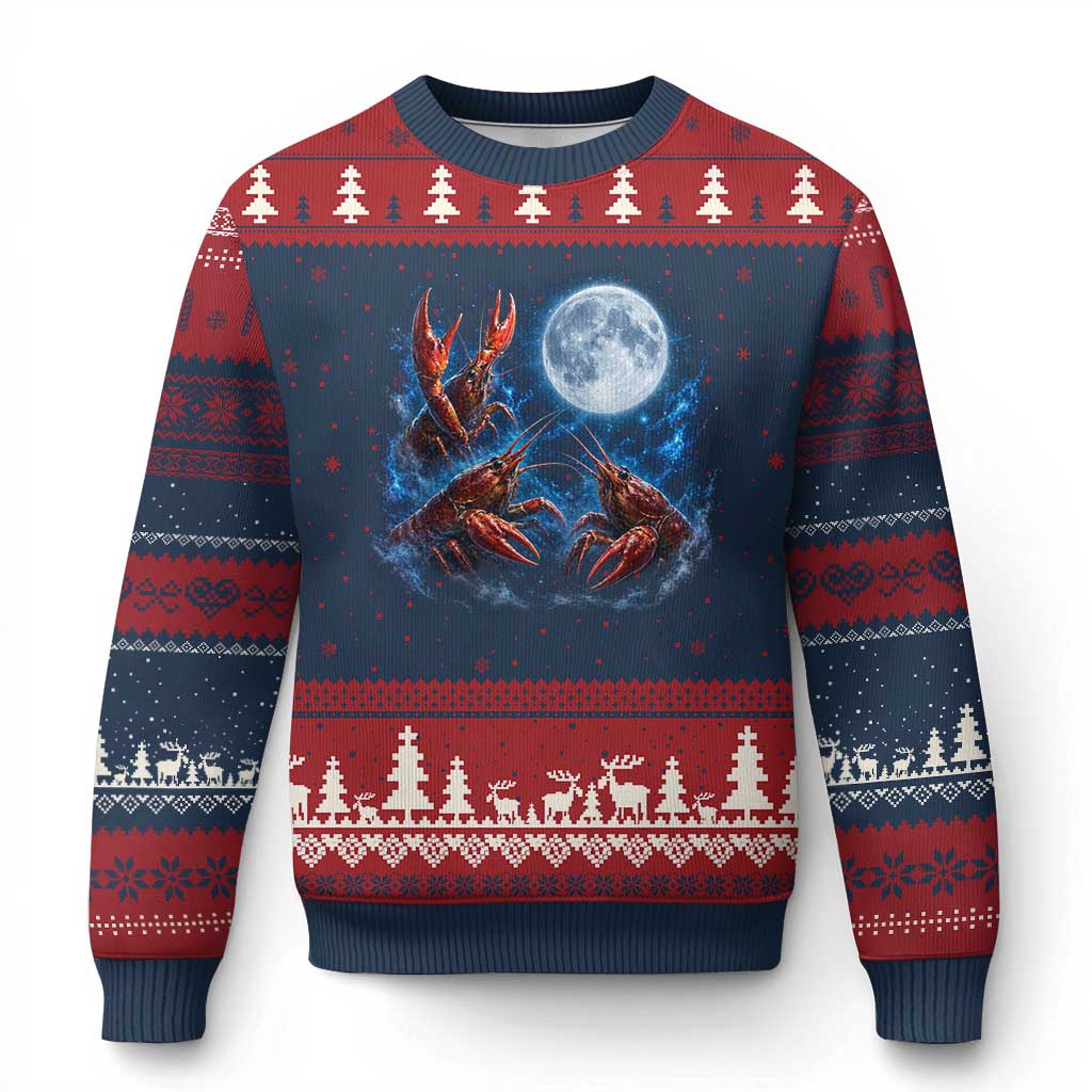 Three Crawfish Moon Ugly Christmas Sweater Lobster Howling To The Moon Vintage Moon Animals