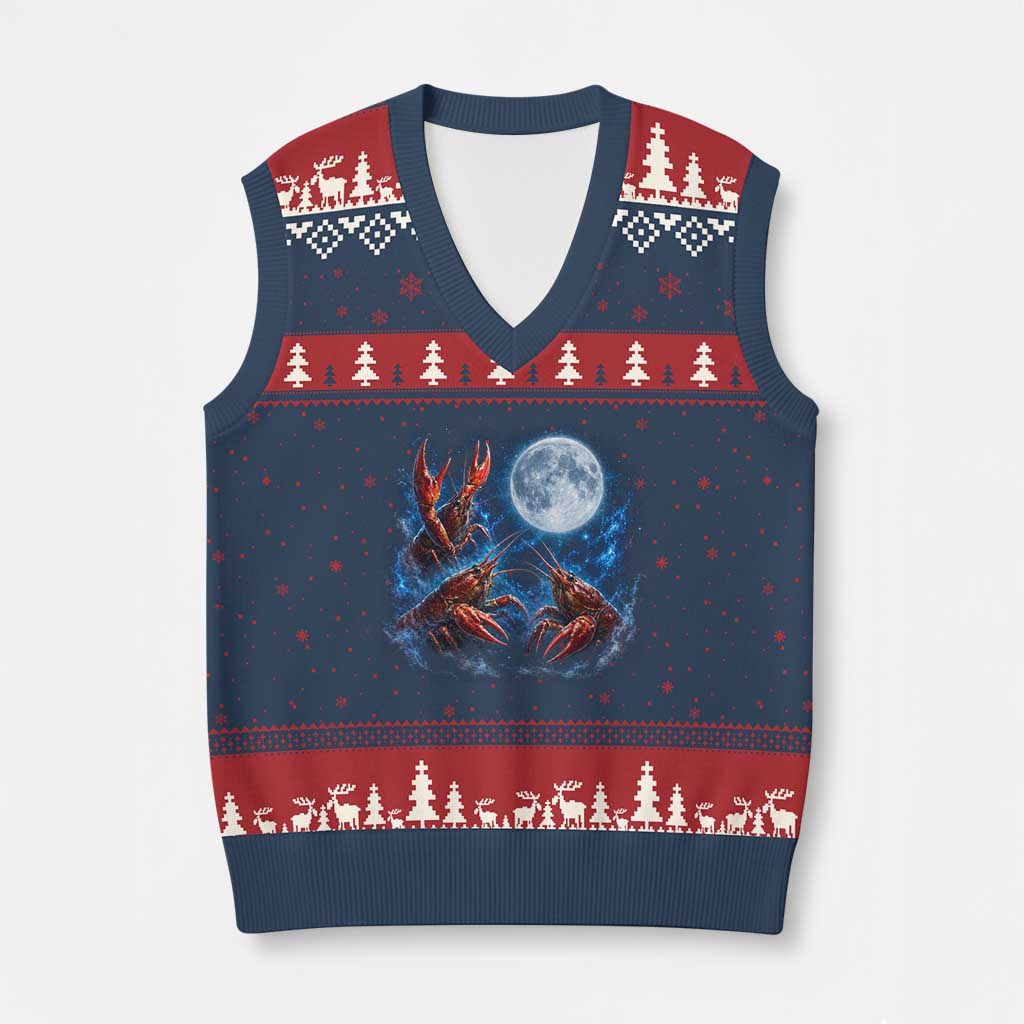 Three Crawfish Moon V-Neck Knit Sweater Vest Lobster Howling To The Moon Vintage Moon Animals