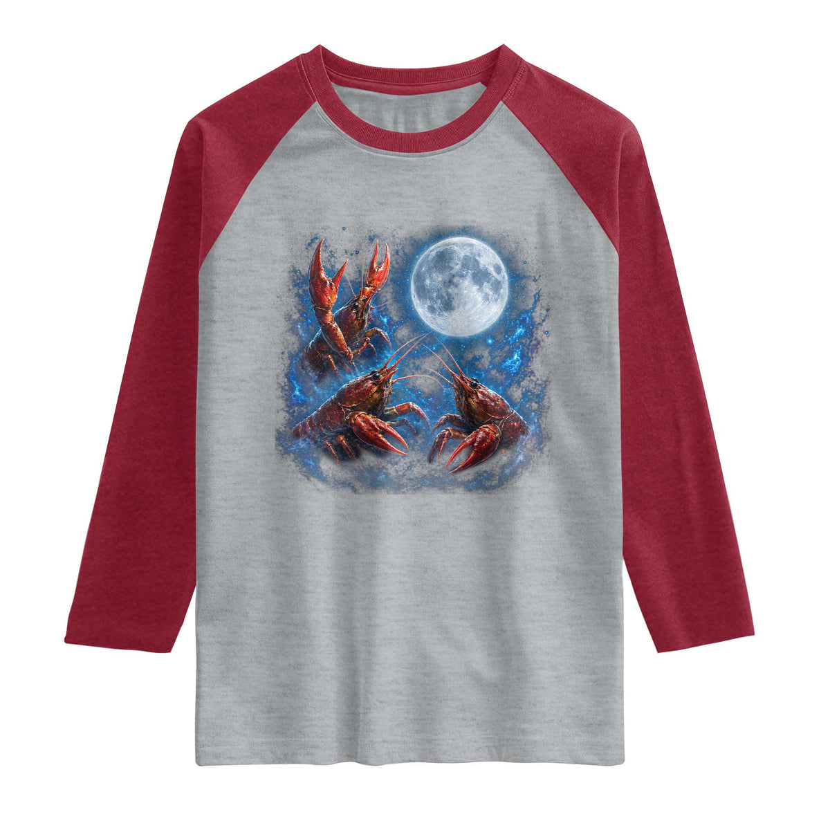 Three Crawfish Moon Raglan Shirt Lobster Howling To The Moon Vintage Moon Animals