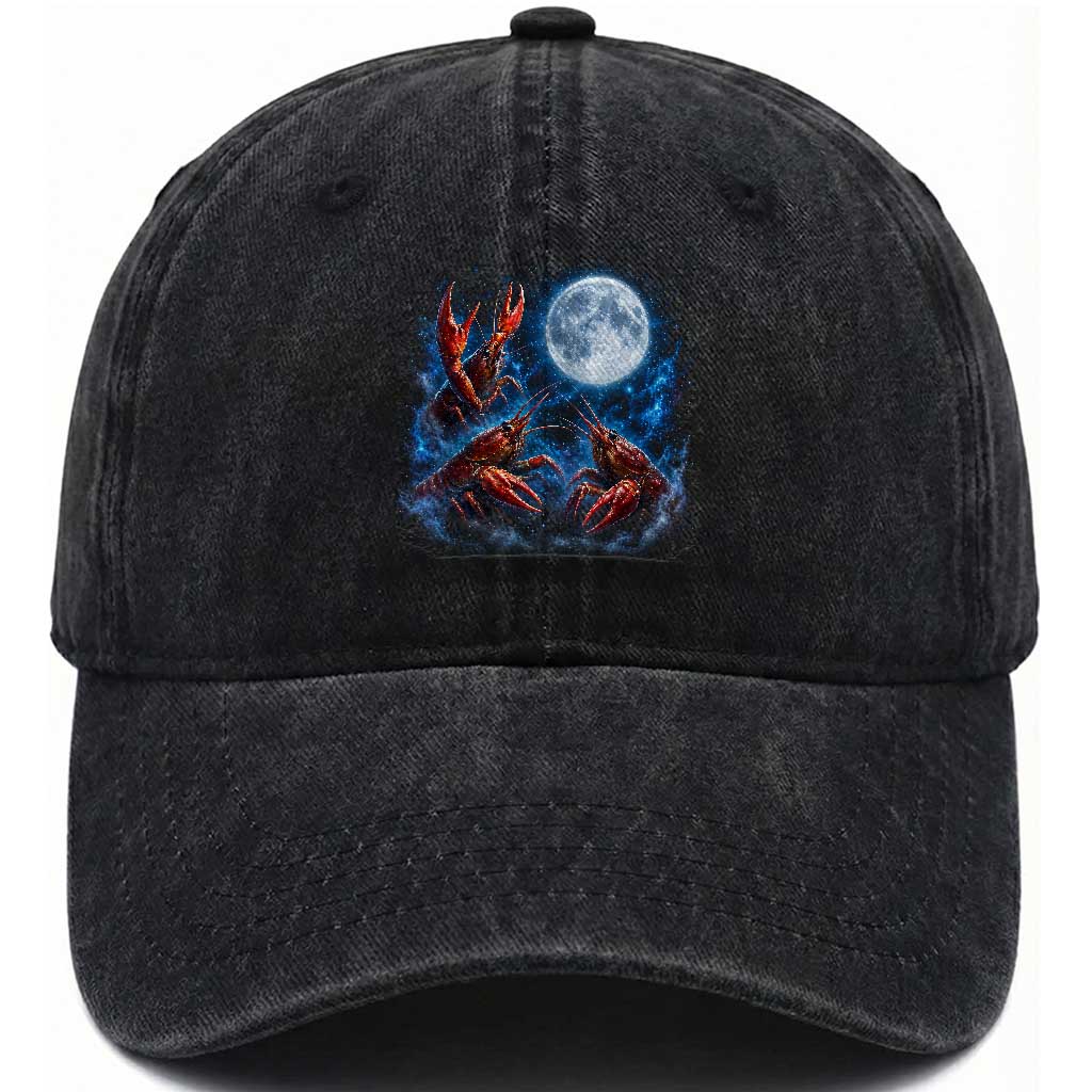 Three Crawfish Moon Washed Cotton Baseball Cap Lobster Howling To The Moon Vintage Moon Animals