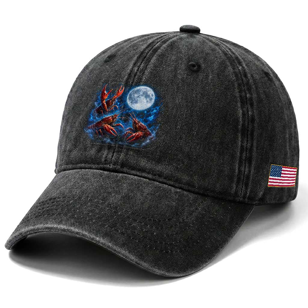 Three Crawfish Moon Washed Cotton Baseball Cap Lobster Howling To The Moon Vintage Moon Animals