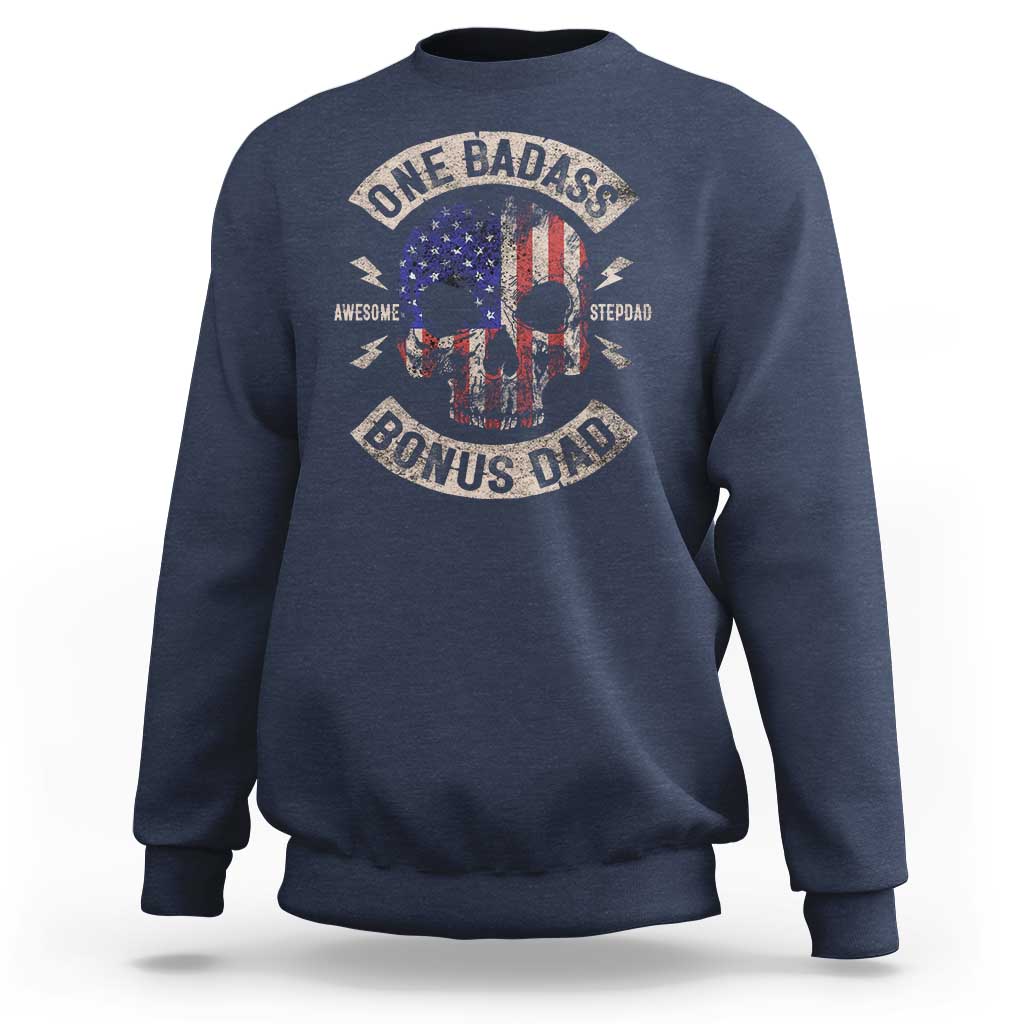 One Badass Bonus Dad Sweatshirt Vintage Step Dad American Flag Fathers Day