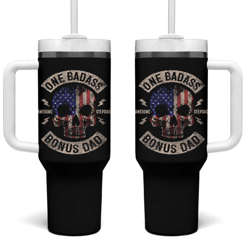 One Badass Bonus Dad Tumbler With Handle Vintage Step Dad American Flag Fathers Day