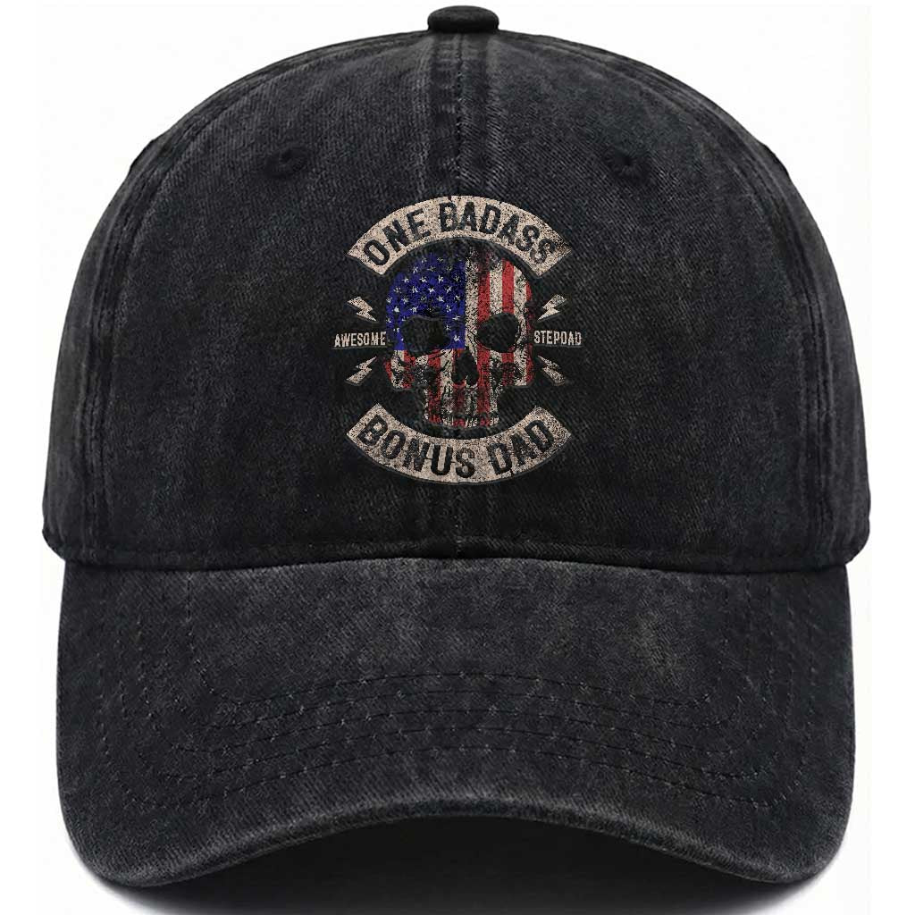 One Badass Bonus Dad Washed Cotton Baseball Cap Vintage Step Dad American Flag Fathers Day