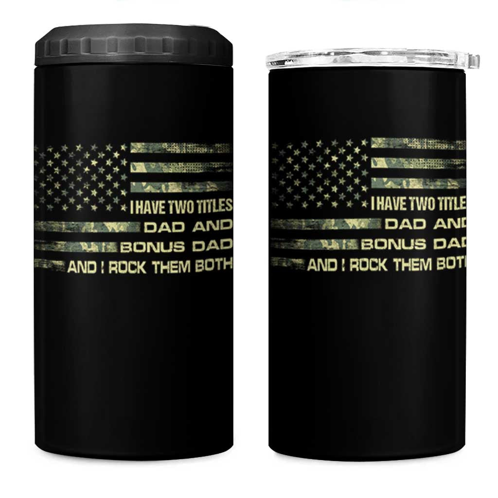 Funny Bonus Dad 4 in 1 Can Cooler Tumbler Step Dad Camo American Flag Fathers Day