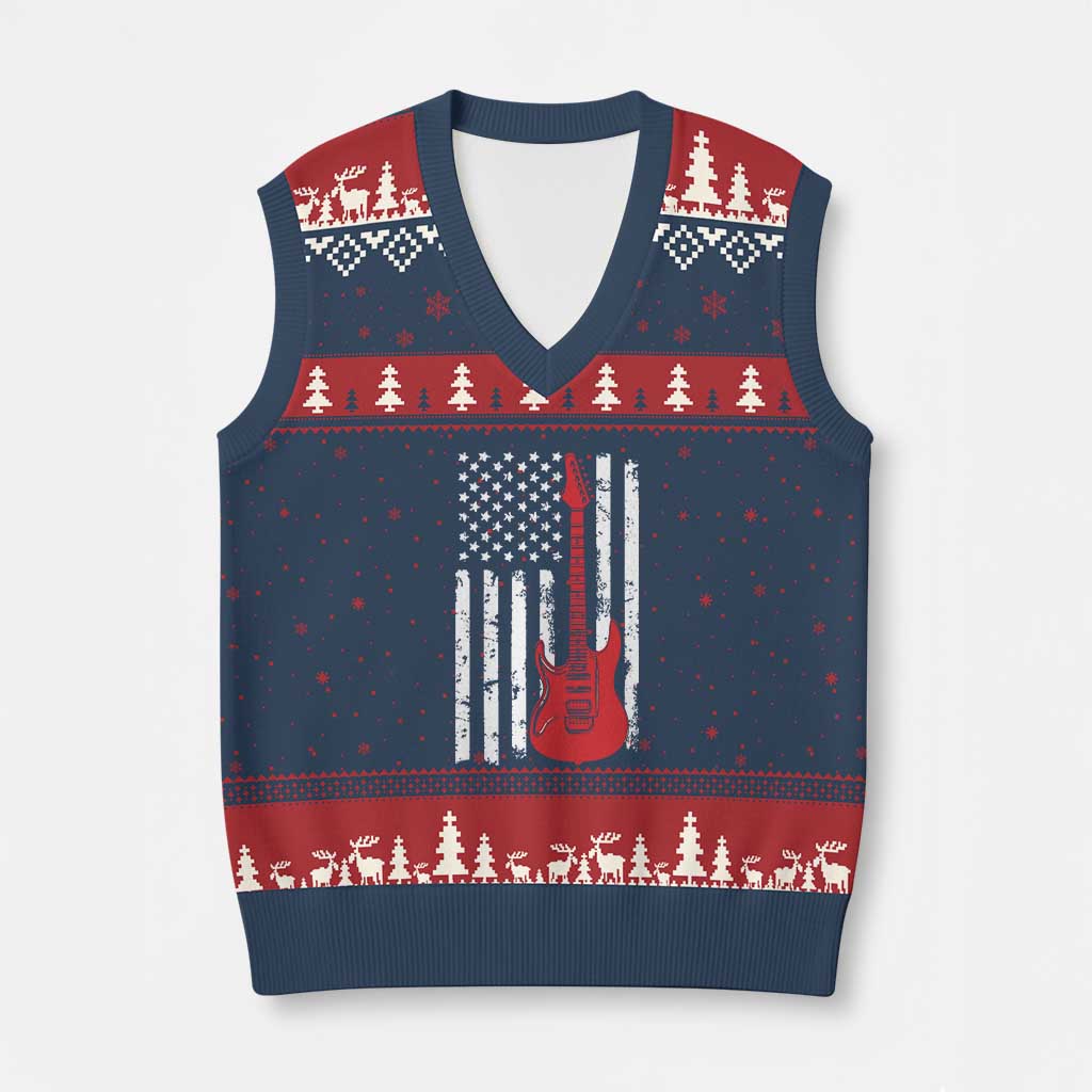 Bass Guitar Player V-Neck Knit Sweater Vest USA American Flag Musician Guitarist - Wonder Print Shop