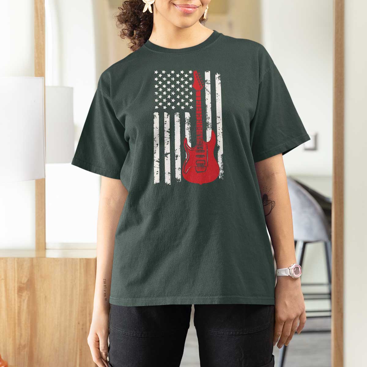 Bass Guitar Player T Shirt For Women USA American Flag Musician Guitarist - Wonder Print Shop
