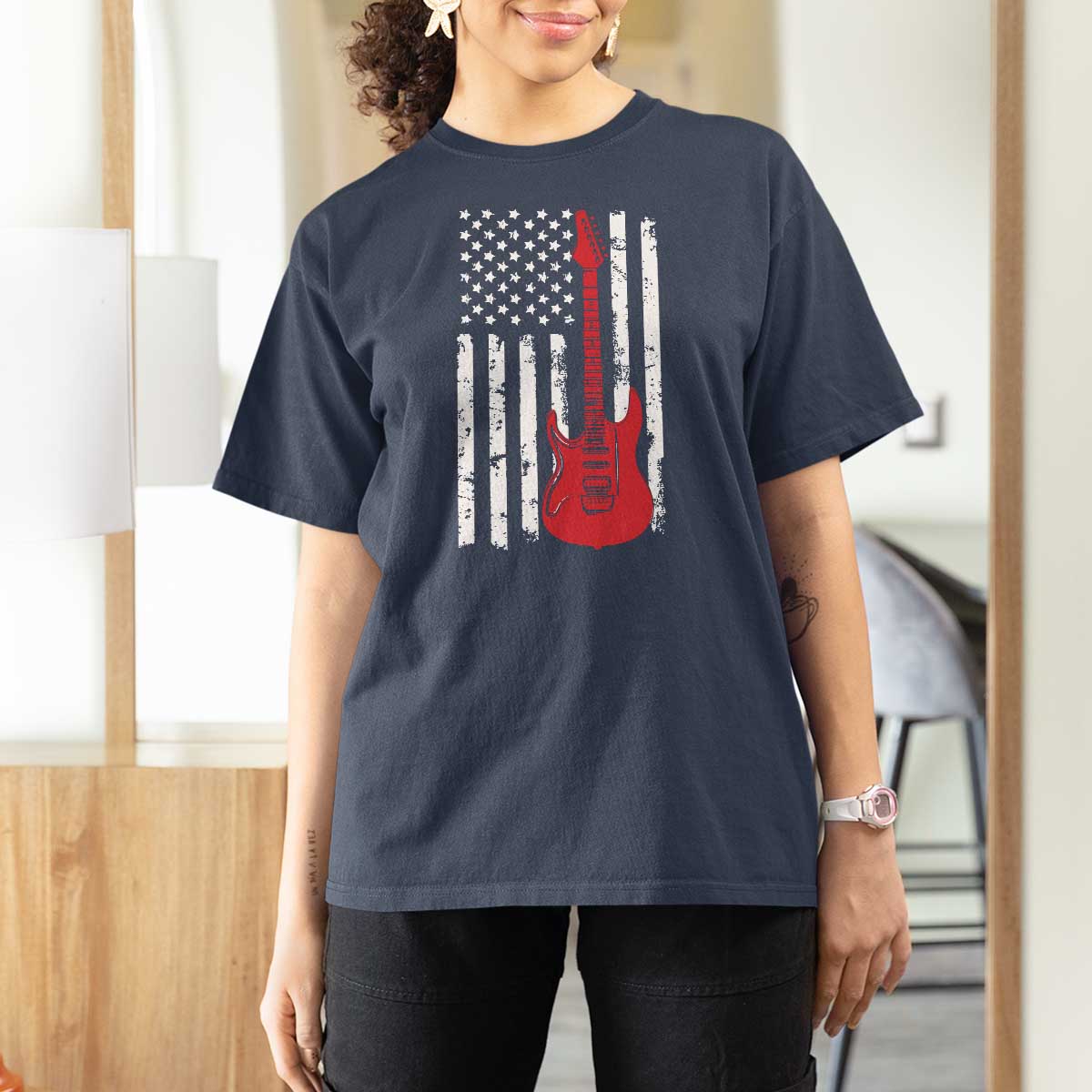 Bass Guitar Player T Shirt For Women USA American Flag Musician Guitarist - Wonder Print Shop