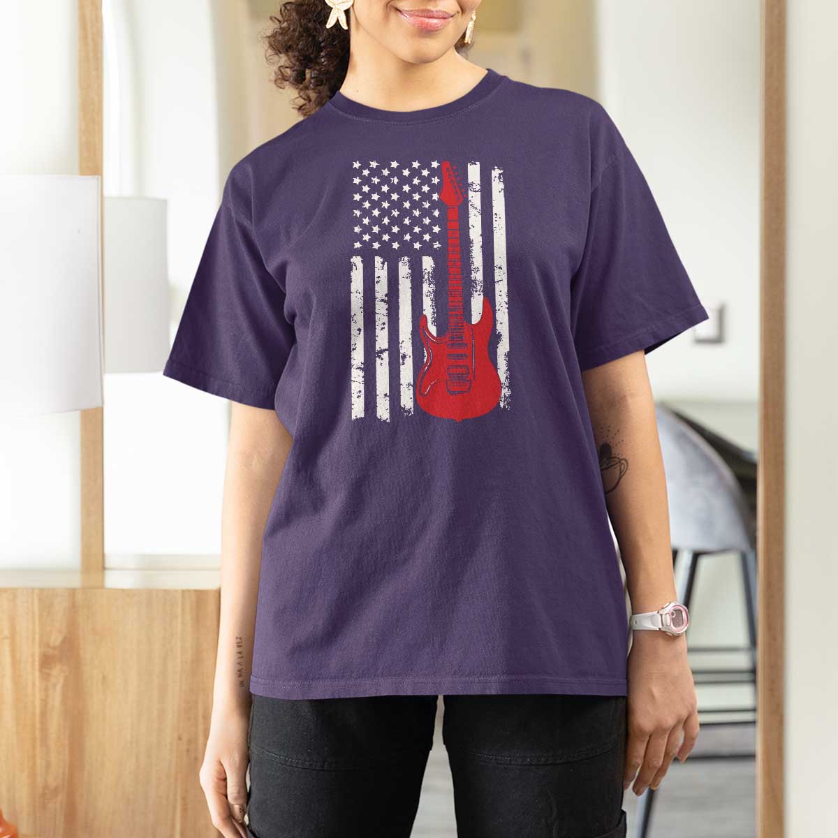 Bass Guitar Player T Shirt For Women USA American Flag Musician Guitarist - Wonder Print Shop