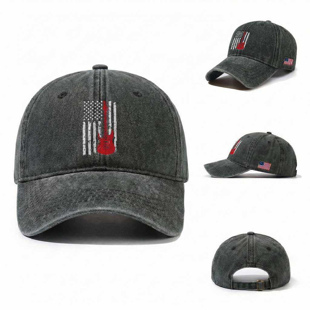 Bass Guitar Player Washed Cotton Baseball Cap USA American Flag Musician Guitarist