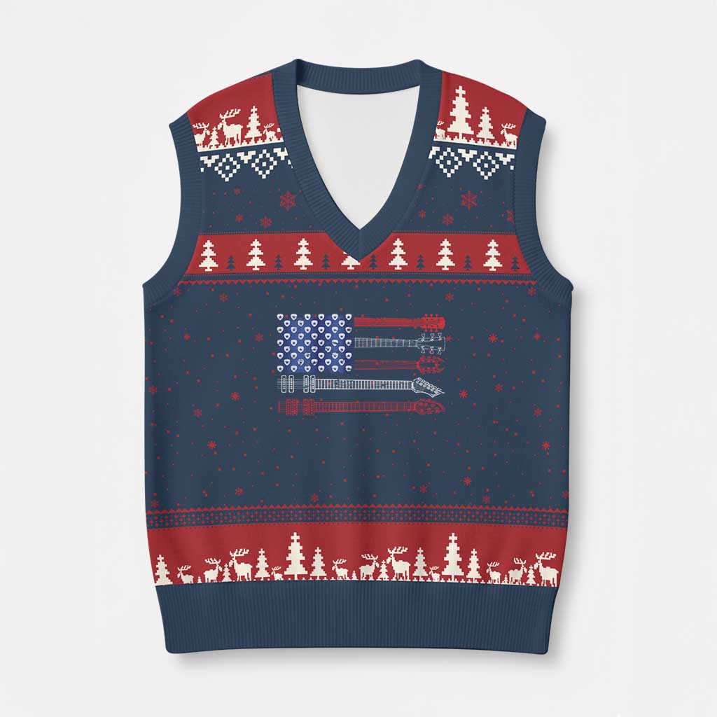 USA Flag Guitar Player V-Neck Knit Sweater Vest 4th of July Musician Guitarist - Wonder Print Shop