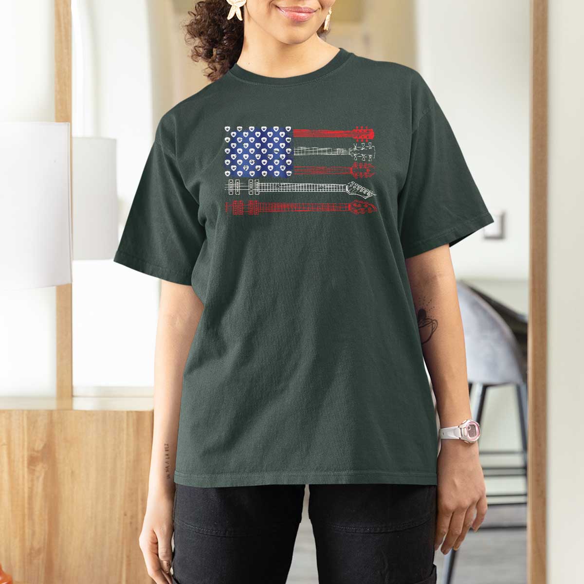USA Flag Guitar Player T Shirt For Women 4th of July Musician Guitarist - Wonder Print Shop