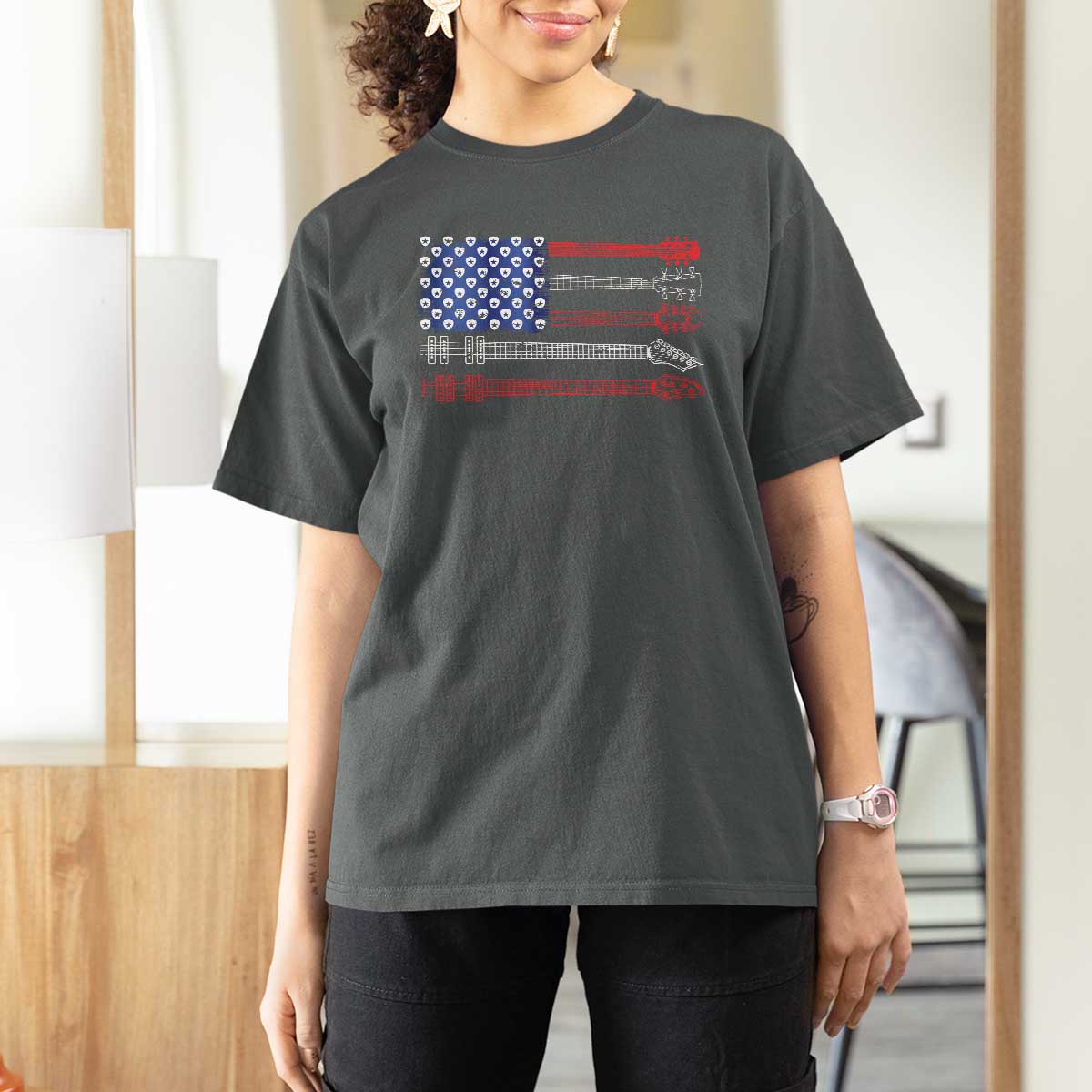 USA Flag Guitar Player T Shirt For Women 4th of July Musician Guitarist - Wonder Print Shop