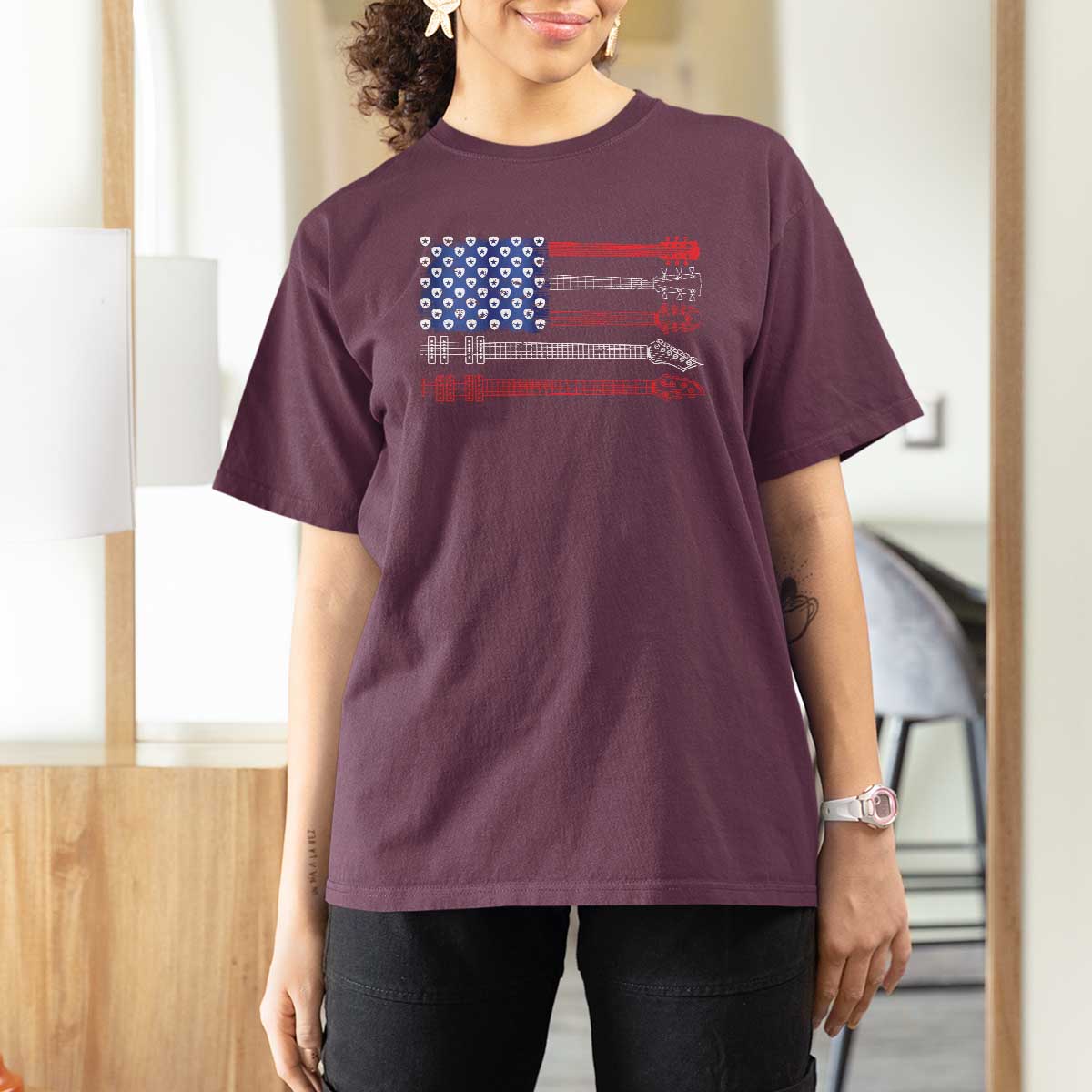USA Flag Guitar Player T Shirt For Women 4th of July Musician Guitarist - Wonder Print Shop