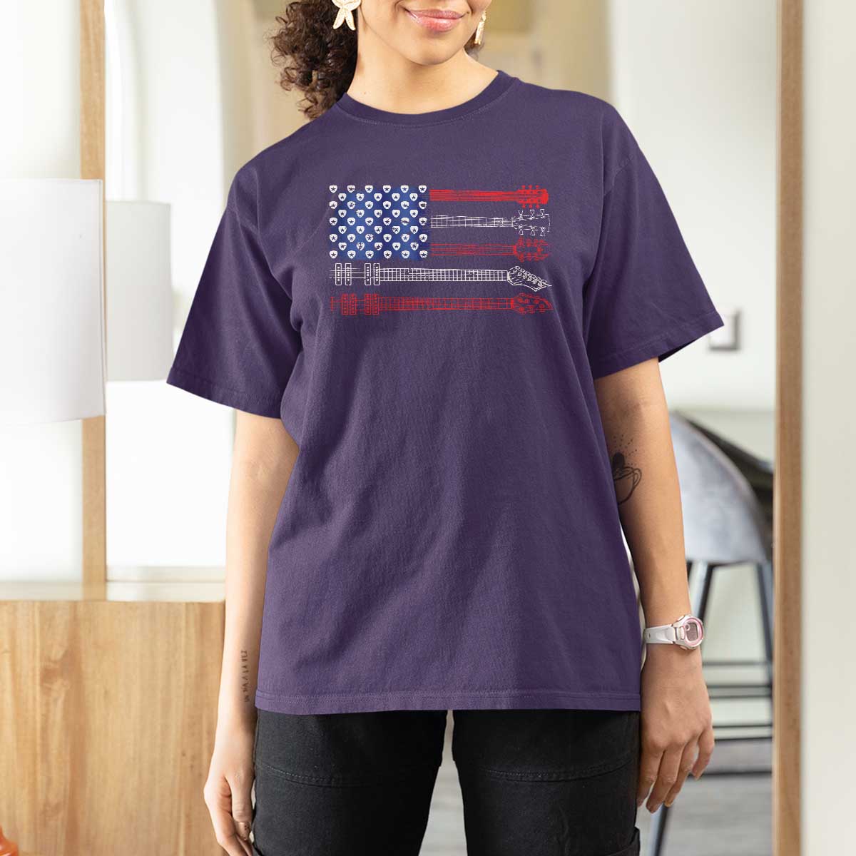 USA Flag Guitar Player T Shirt For Women 4th of July Musician Guitarist - Wonder Print Shop