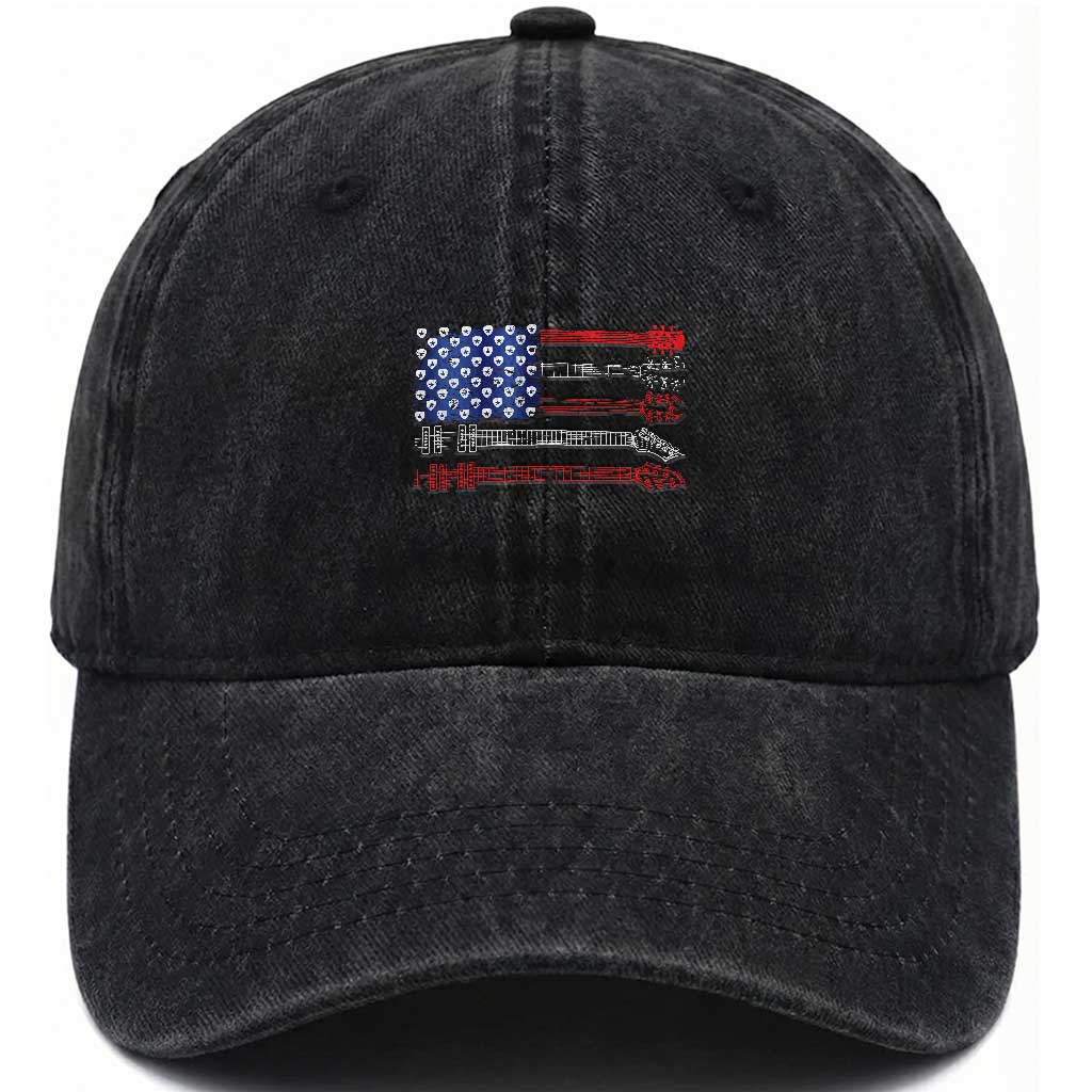 USA Flag Guitar Player Washed Cotton Baseball Cap 4th of July Musician Guitarist