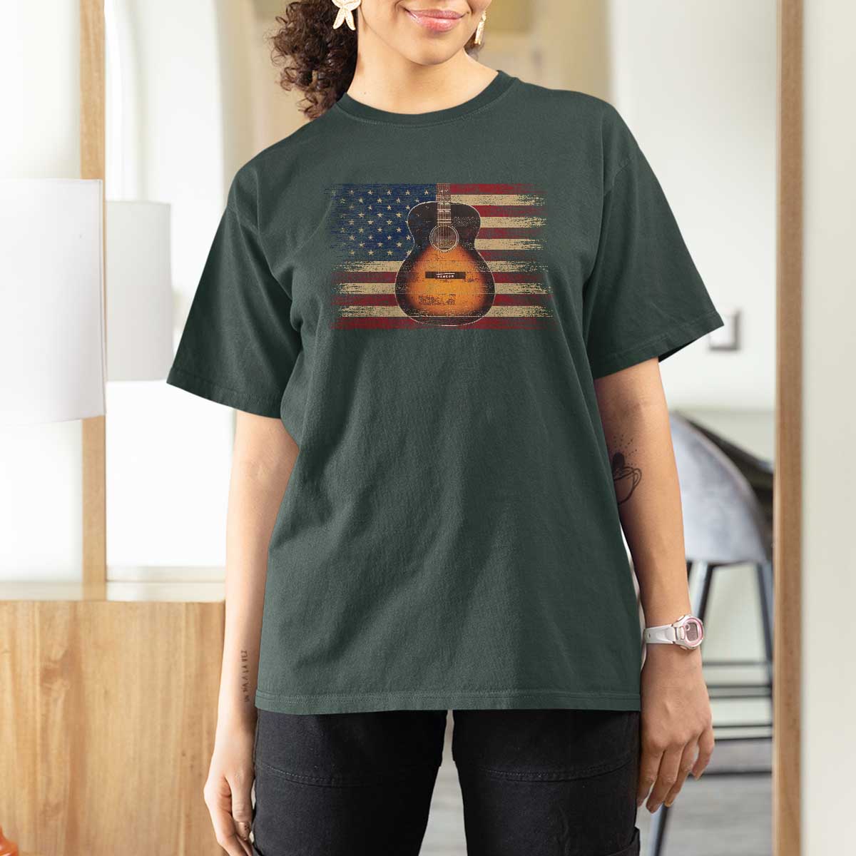 USA Flag Guitar Player T Shirt For Women Retro 4th of July Musician Guitarist - Wonder Print Shop